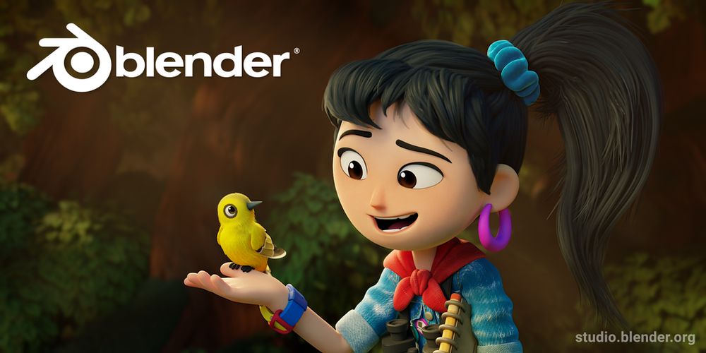 Blender 3.0 splash art: an animated girl holding a small yellow bird