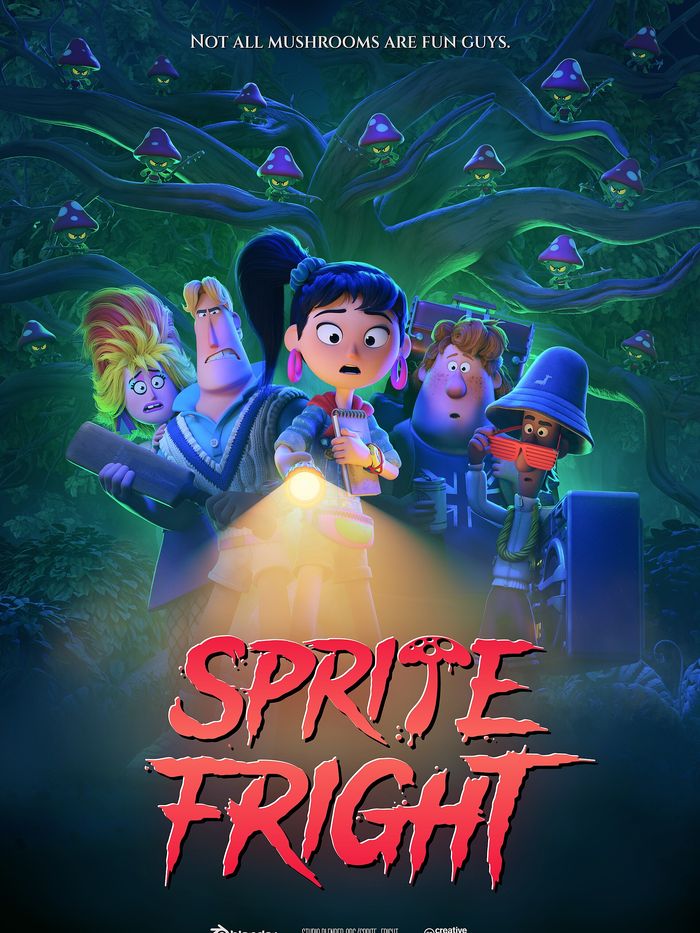 Poster for Sprite Fright, a Blender open movie: teenagers in a forest of glowing mushrooms