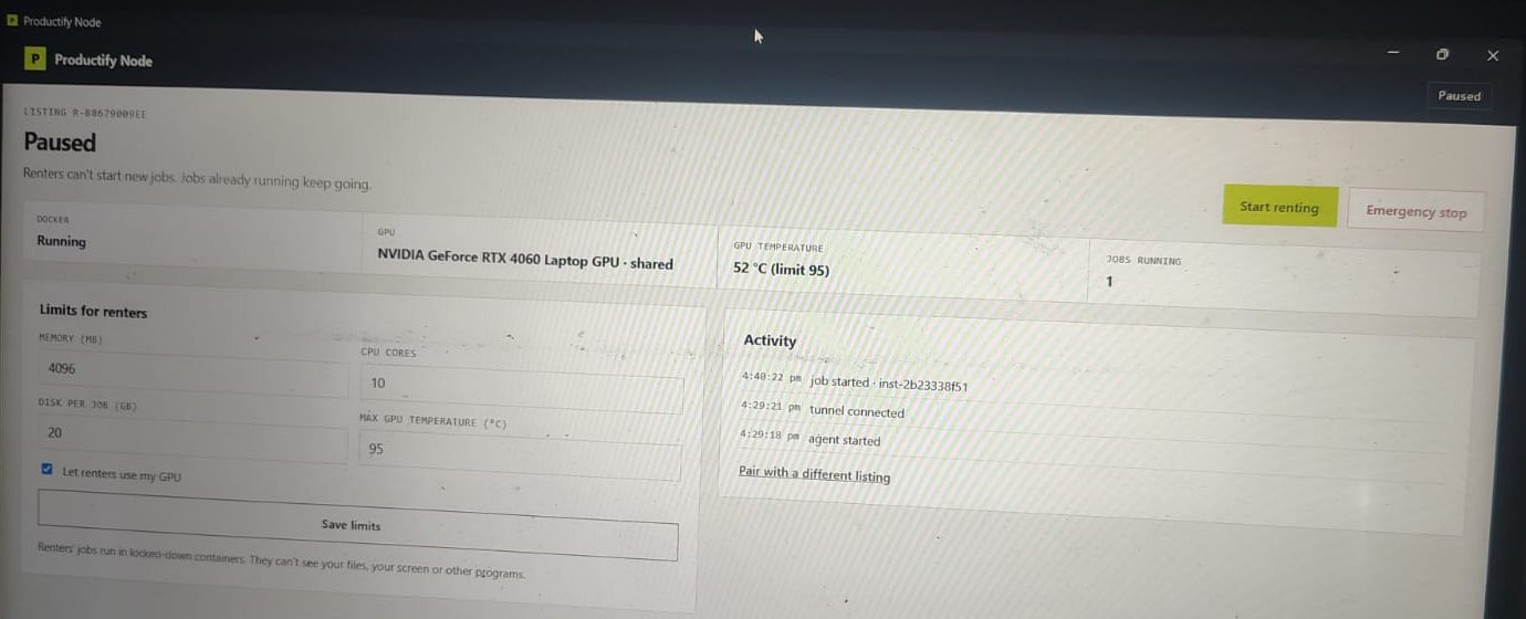 The Productify Node app on a provider's laptop: Docker running, GeForce RTX 4060, 52 °C, limits for renters, activity log