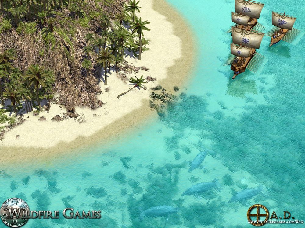 0 A.D.: ships off a tropical beach, seen from above