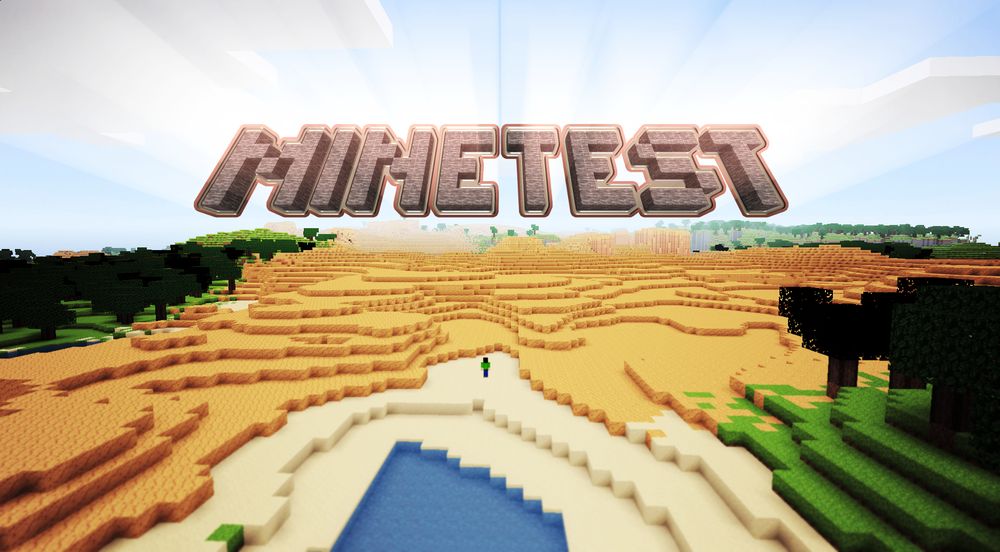 Luanti: a blocky desert landscape under the game logo