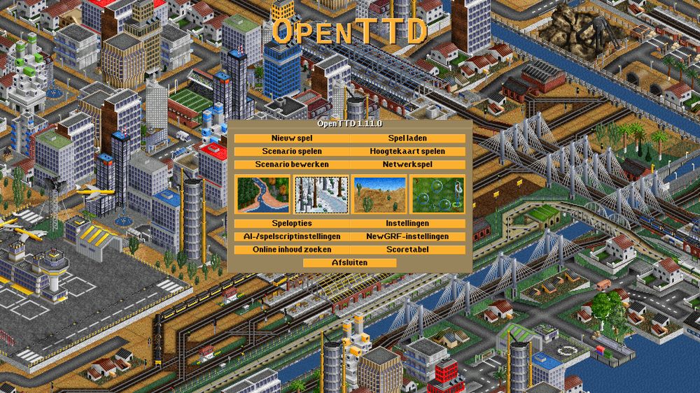 OpenTTD: a busy isometric city with railways and bridges