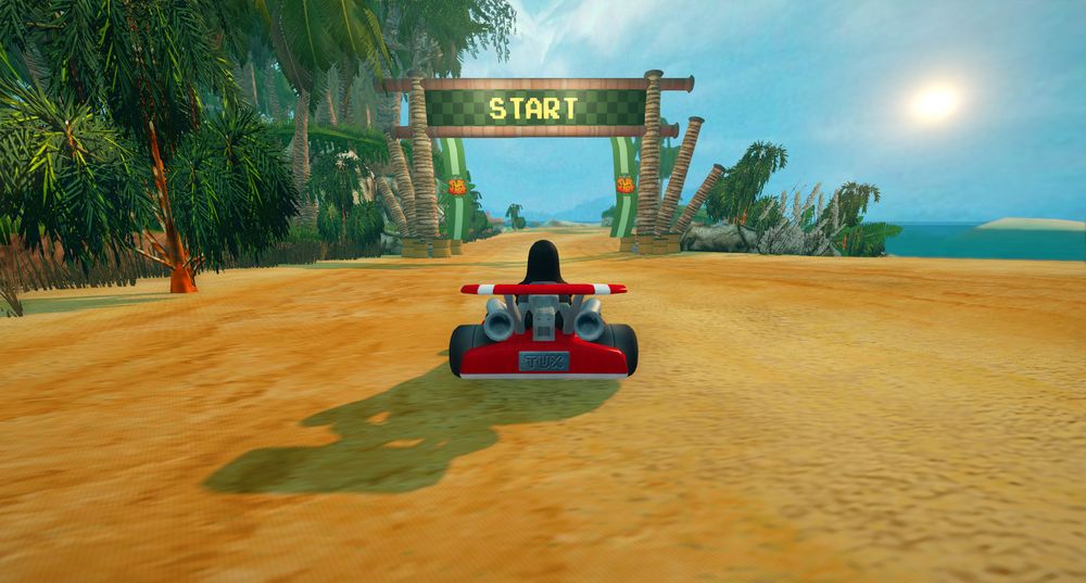 SuperTuxKart: a go-kart on a sunny beach track