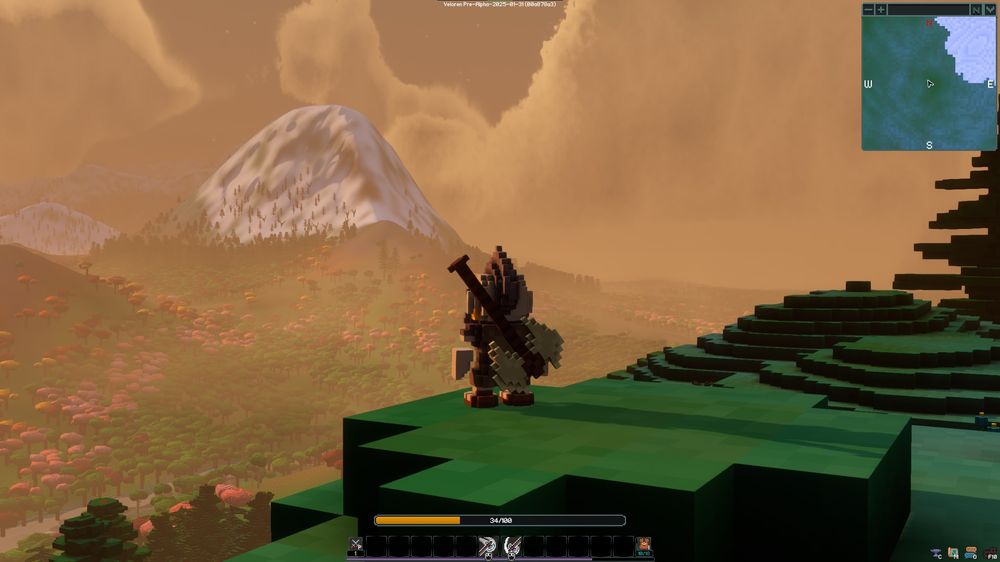 Veloren: a voxel character overlooking mountains and forest