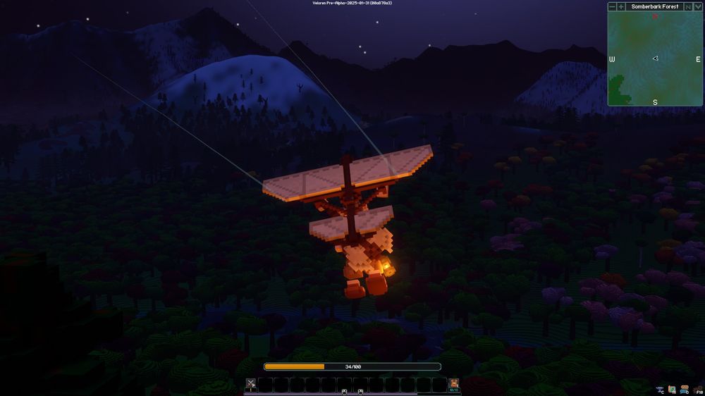 Veloren: a glider flying over a forest at night