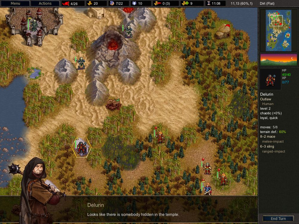 Battle for Wesnoth: a hex map with units and a character portrait