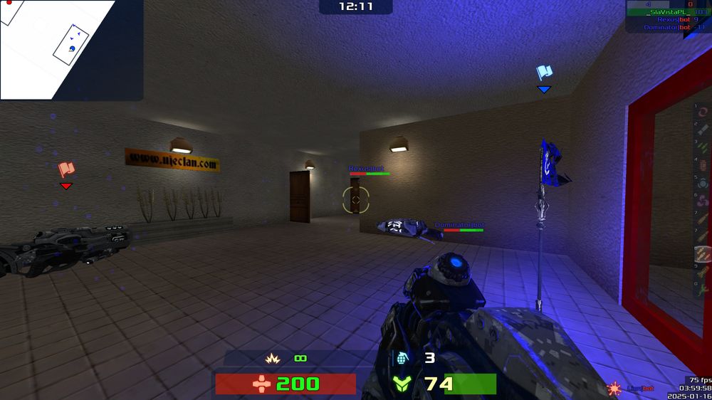 Xonotic: a first-person arena shooter in a dim corridor